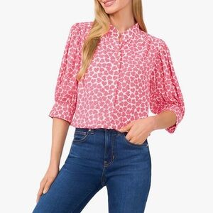 CeCe Pink Puff Sleeve Blouse with Mandarin Collar